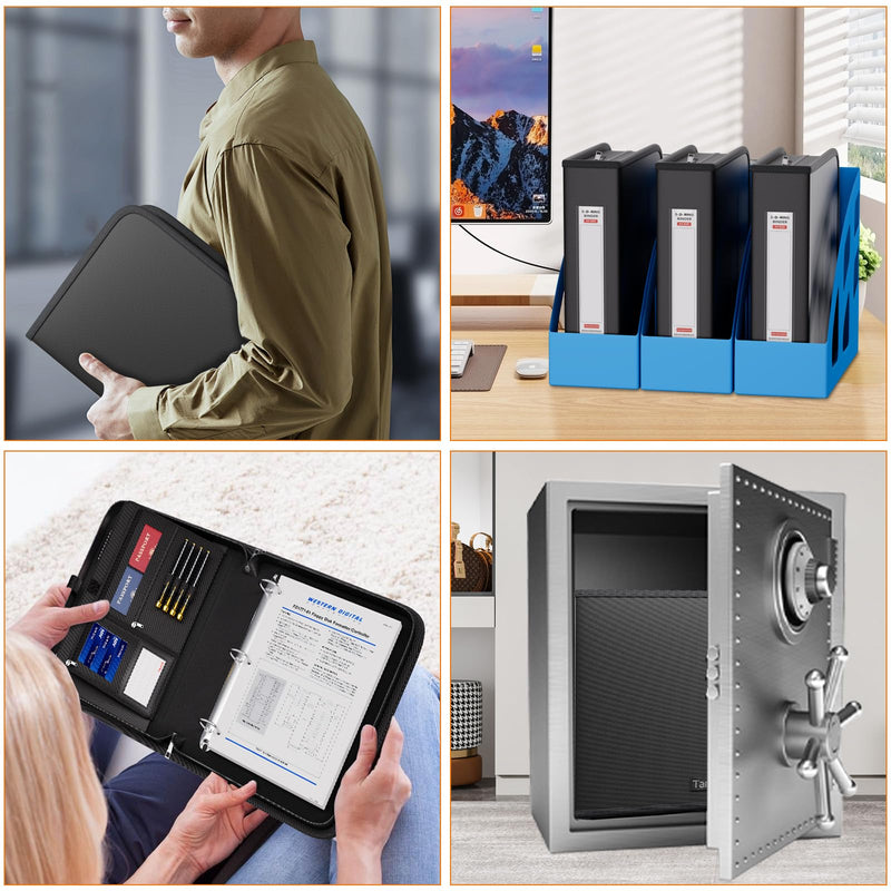 Tamfile Fireproof 3 Ring Binder with Zipper, 1.5 Inch D Ring Binder Hold Up 375 Sheets of 8.5"x11" A4 Paper, Portable Safe Storage with Large Pockets, Important File Storage for A4 Files (Black)