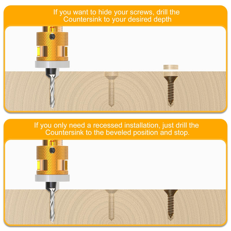 MEANLIN 5Pcs Countersink Drill Bit Set, Adjustable Bit Depth Stop with 1/4" Hex Shank Screwdriver Bit, HSS M2 Bits 1/8" 9/64" 5/32" Drill+3/8" 82°Counter-Bore, 11/64" 3/16" Drill+ 1/2" 82°Counter Bore
