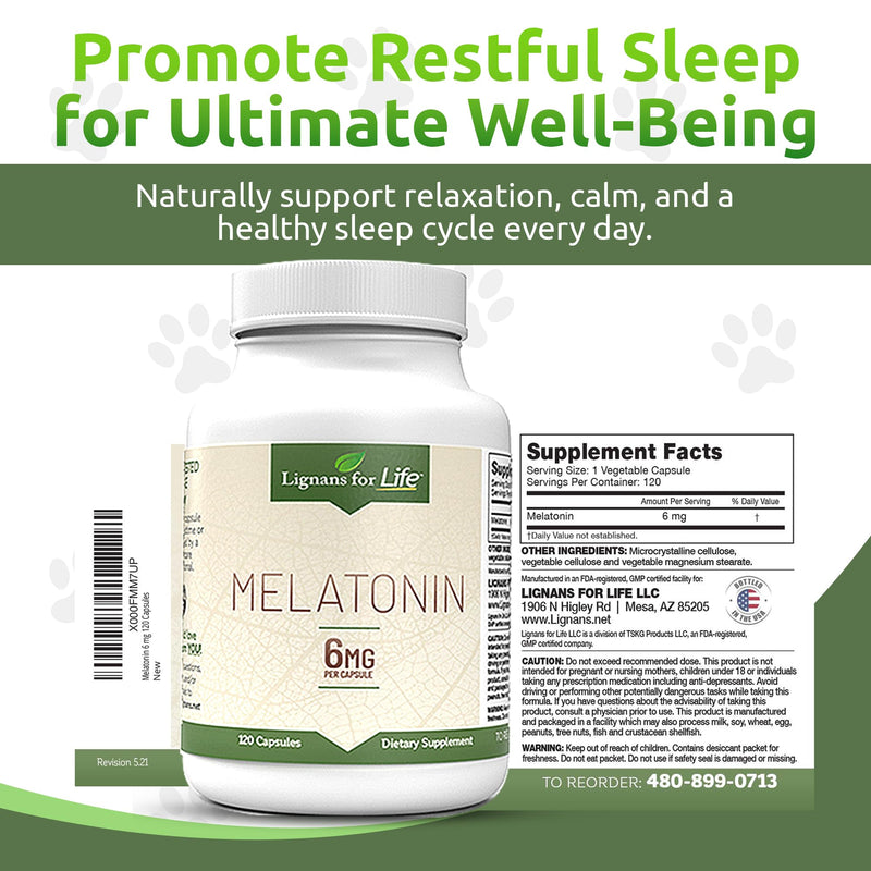 Lignans for Life Melatonin for Dogs & People, 6mg - 120 Capsules - Capsules - Pet Treats - Vitamins for Overall Health