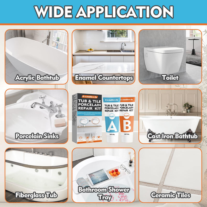 Bondtech Porcelain Repair Kit, White Bathtub & Tile Repair Kit, for Tub, Enamel, Fiberglass, Acrylic, Porcelain, Ceramic, Marble, Granite, Chips, Dents, Cracks, Hole (100) 100