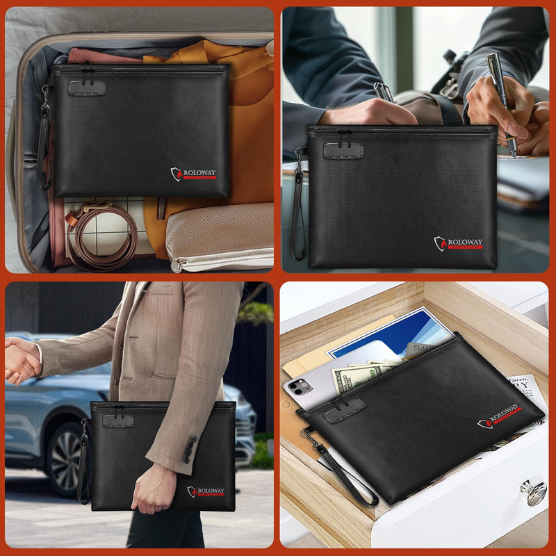 ROLOWAY Fireproof Document Bag (14.5 x 11.5 inch), 6400℉ Fireproof Money Bag with Zipper for Cash, Fire Safe Money Pouch with Lock (Black) Black