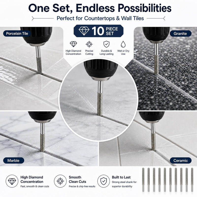 Tondiamo 10 Piece Diamond Drill Bits for Tile, Porcelain, Granite, Marble, and Countertop, 1/4 Inch Hex Shank for Rotary Tools, Industrial Grade #36 Diamond Grit with Carbon Steel Body