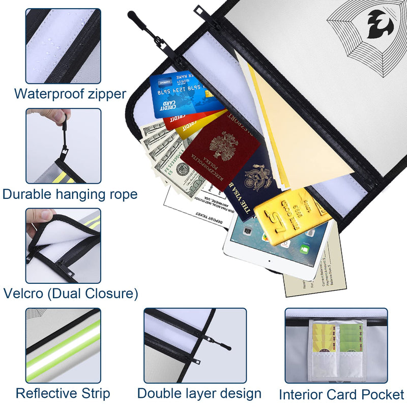 Upgraded Fireproof Document Bag (15.5”x 11.8”) with Reflective Strip, 2 Pockets Fireproof Money Bag Metal Zipper & Strap Fireproof Bag for Documents, Cash,Passport,Jewelry,Valuables Upgraded