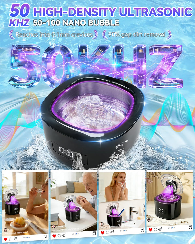 5.0 Upgraded Ultrasonic Retainer Cleaner 300 ML【Top1 German Motor】【50KHz Ultrasonic & 360°U/V Dual Tech】【4.0 AI Smart Chip】【Rechargeable】for Denture, Braces, Night Guards, Aligner,Jewelry and More Black