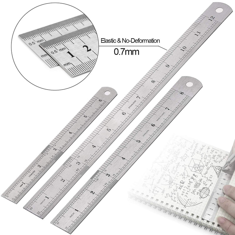 Elisel 3 PCS Stainless Steel Ruler Set with Inch and Metric Graduation, 12 Inch, 8 Inch and 6 Inch(Silvery) Silvery