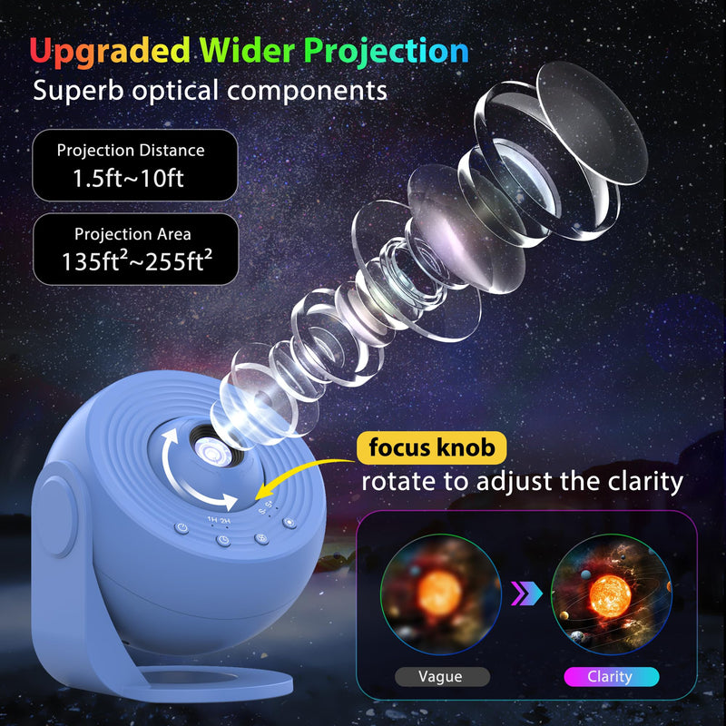Galaxy Projector for Bedroom Pro Version, Upgraded Film Disc Star Projector for Kid 12 in 1 Planetarium Projector HD Image Adjustable Knob 360° Rotating 1/2h Timer Simple 4-Button Control Blue