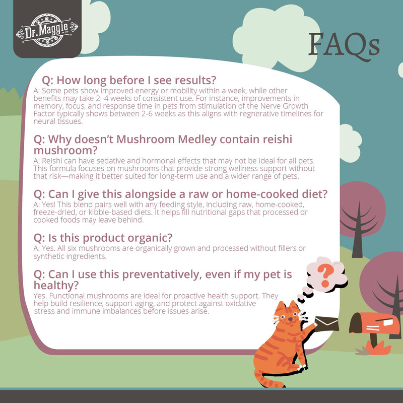 Dr. Maggie Mushroom Medley | Organic Mushroom Powder with Cordyceps Maitake Shiitake Chaga Turkey Tail and Lions Mane for Dogs and Cats | 88g