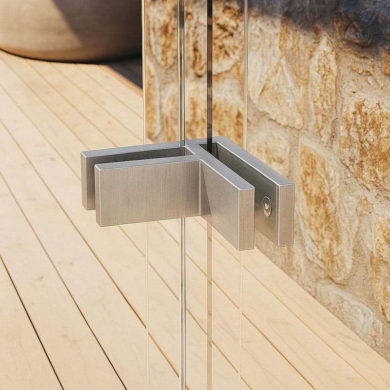 Brixwell Glass-to-Glass Bracing Clamp 90 Degree Type, Duplex 2205 Stainless Steel, Brushed Stainless Steel Finish, Fits 3/8" to 1/2" Tempered Panels, 1-1/8" Height