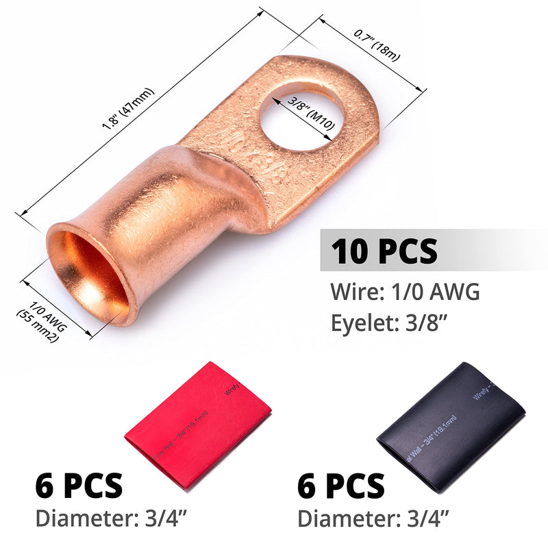 Wirefy 1/0 Gauge 3/8" Wire Lugs - Copper Cable Lugs - Battery Terminal Connectors - Battery Cable Lug - Crimp Battery Cable Ends - 22 PCS (10 PCS Copper Lugs + 12 PCS Heat Shrink Tubing) 3/8"
