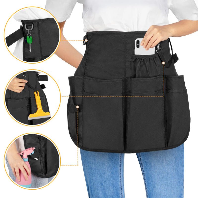 LoDrid Professional Cleaning Apron with 9 Pockets and Adjustable Waist Belt, Water-resistant Cleaning Caddy Aprons for Cleaning Work of House Hotel, Black