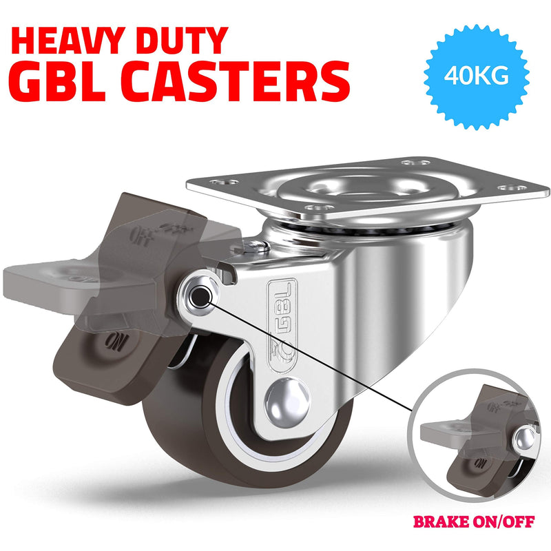 GBL 1" Small Caster Wheels with 2 Brakes + Screws - 90Lbs - Low Profile Castor Wheels with Brakes - Set of 4 No Floor Marks Silent Casters - Mini Wheels for Cart and Furniture