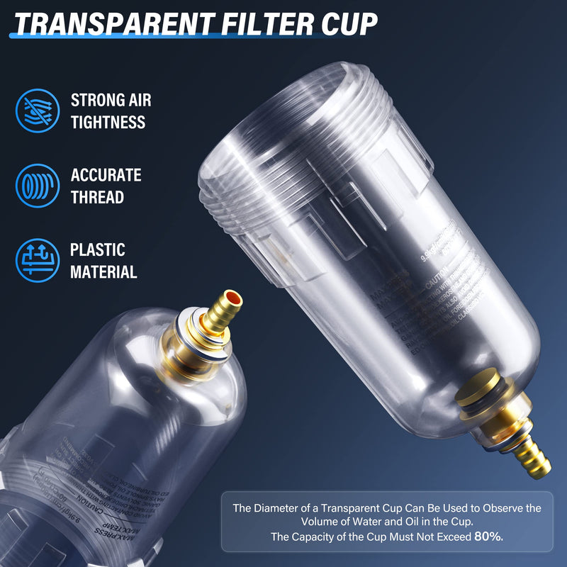 TAILONZ PNEUMATIC 1/4 Inch NPT Air Filter Pressure Regulator Combo Piggyback, Air Tool Compressor Filter with Gauge AW2000-02 1/4"NPT Semi-Auto Drain