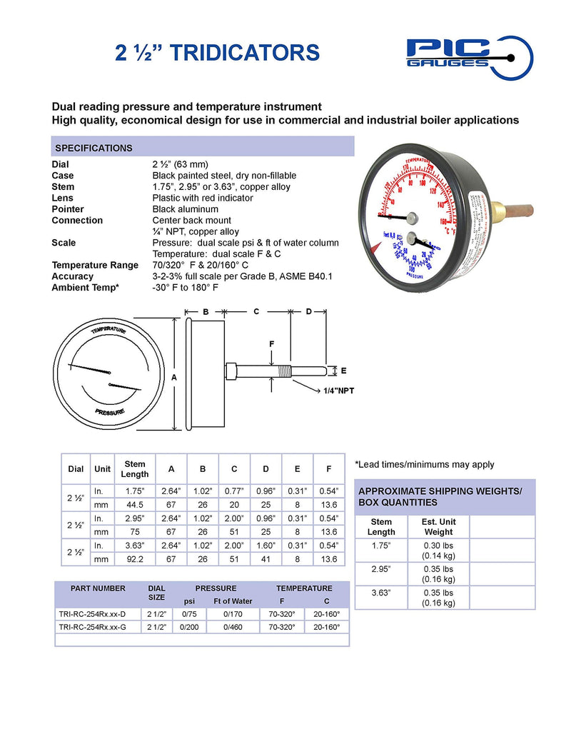 PIC Gauges TRI-RC-254R2.95-D 2-1/2" Dial Size, 1/4" Male NPT Connection Size, Stem Length 2.95 inches, 0/75 psi Range, Commercial Tridicators with Black Steel Case, Bronze Internals