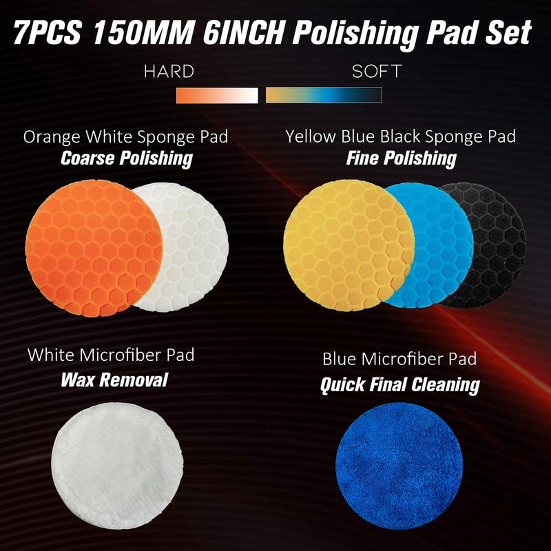 Buffing Polishing Pads 6 Inch - 7Pcs 150mm Face for 6 Inch 150mm Backing Plate, Car Compound Buffing Sponge Pads and Woolen Cutting Polish Pad Kit for Car Polishing and Waxing 6in