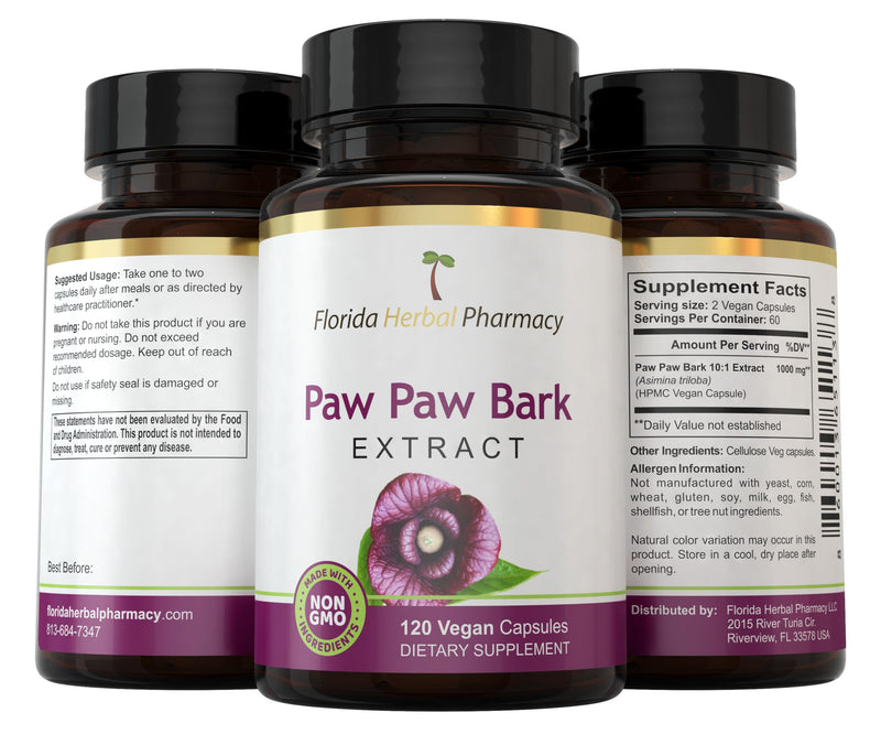 Florida Herbal Pharmacy, Paw Paw Extract Supplement Capsules 10:1 (120 Capsules) 500 mg per Capsule, 1000 mg Serving (Pack of 1)