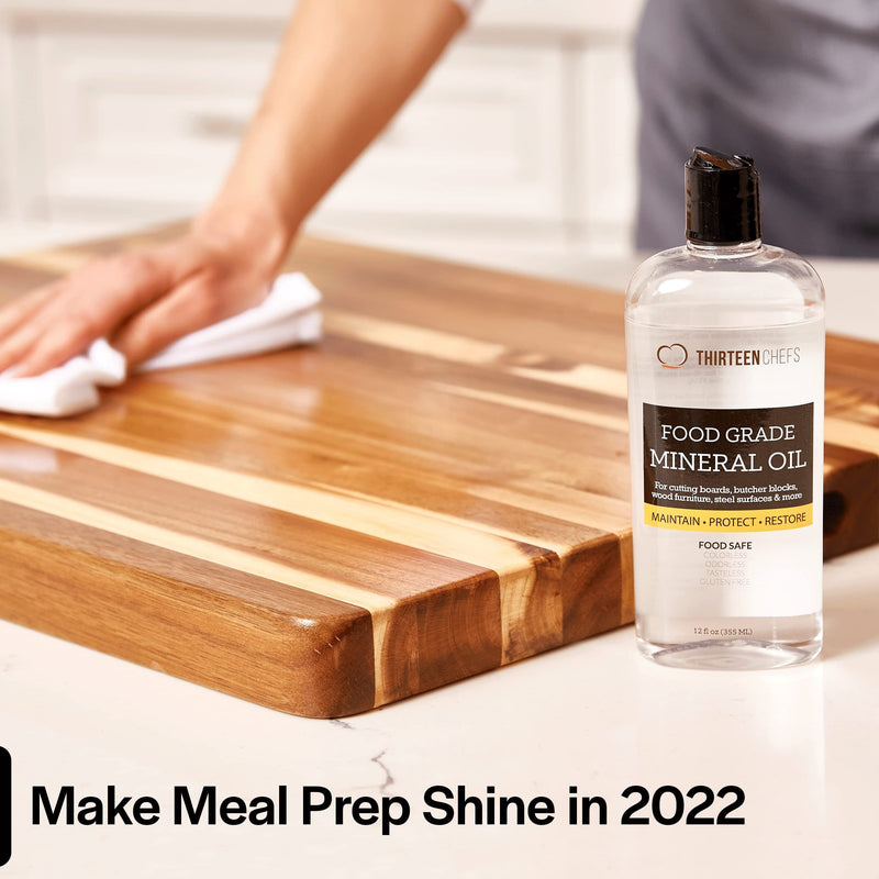 Thirteen Chefs Mineral Oil - 8 oz Food Grade Conditioner for Wood Cutting Board, Countertop & Butcher Block, Lubricant for Knife or Meat Grinder - Safe USP Finish on Marble, Soapstone 8 Fl Oz