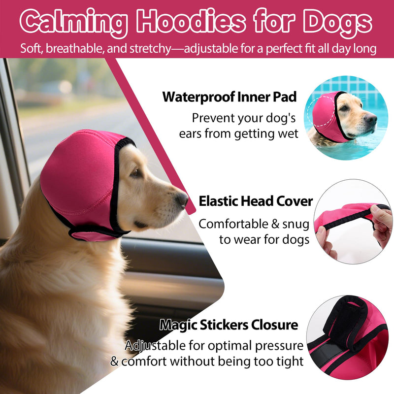 Dog Calming Hoodie Quiet Ear Cover for Noise Protection Anxiety Relief Ear Muffs, No Shake Ear Wraps for Dogs, Waterproof Swim Cap Bath Blow Dry Headband Wraps for Ear Hematoma Groom Fireworks(M,rose) Rose Red Medium(Head Circle:14"-19")
