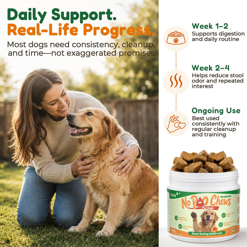 VUN No Poo Chews for Dogs – Coprophagia Stool Eating Deterrent for Dogs,Stop Poop Eating,Reduce Stool Odor & Support Digestion with Pumpkin, Digestive Enzymes & Yucca – 100 Soft Chews
