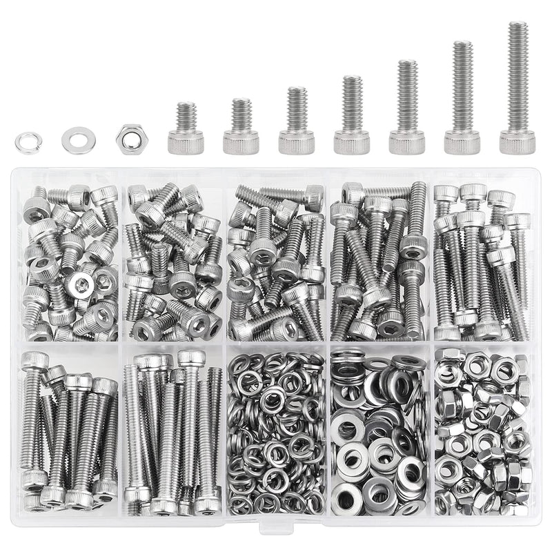 350 Pieces M4 x 6mm /8mm /12mm /16mm /20mm /25mm /30mm, Hex Socket Head Cap Screws Bolts Washers Nuts Kit, 304 Stainless Steel Socket Head Screws