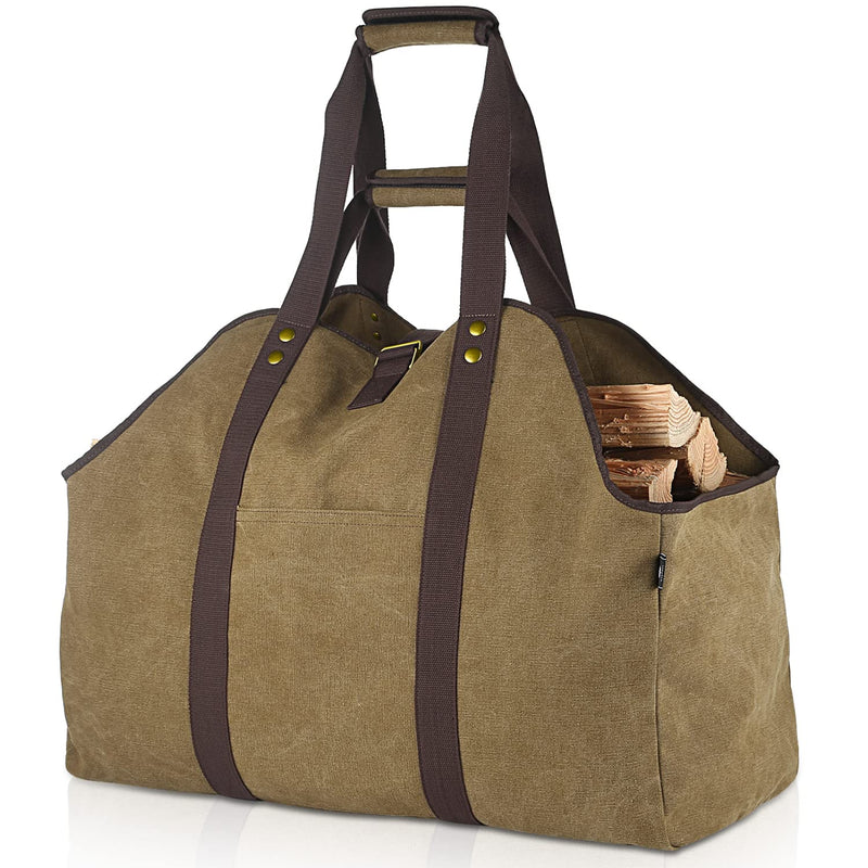 BONTHEE Firewood Carrier Bag Waxed Canvas Waterproof Extra Large Log Carrier Holder Freestanding Tote Bag for Firewood 1_classic_brown