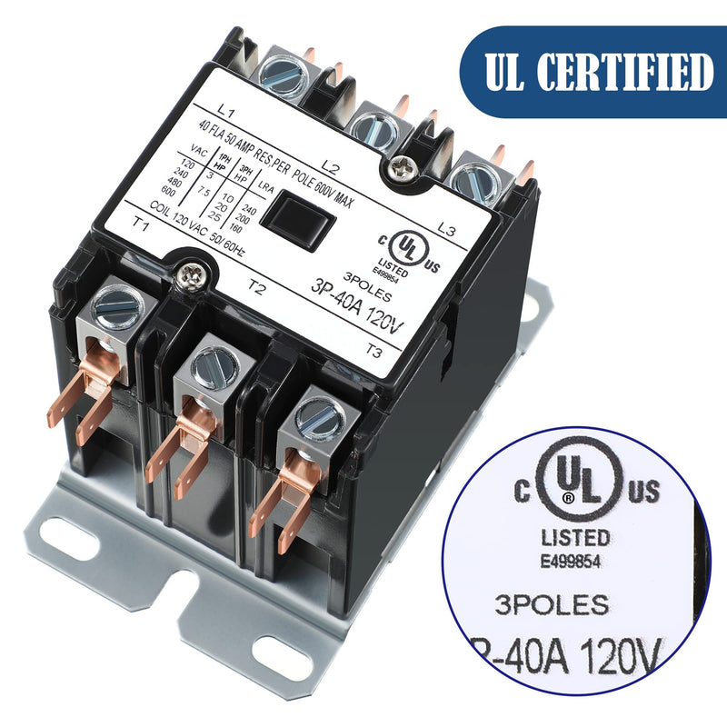 2 Pack Carrier HVAC Motor Contactor, 3 Pole 40 Amp 120V Coil Air Conditioner Contactor, AC Definite Purpose Contactor Replacement Relays, Air Conditioner Condenser Compressor 2