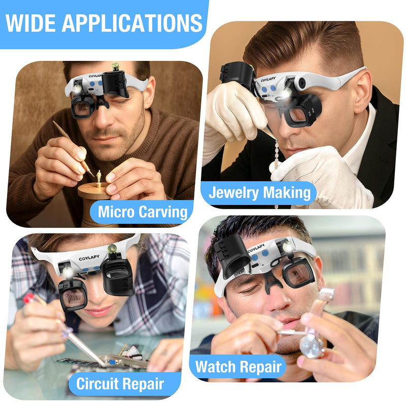 Magnifying Glasses for Close Work, Jewelers Magnifying Glass with Light & 5 Interchangeable Lens Pairs(2X 4X 6X 10x 13x), Headband Loupe Magnifier for Watch Repair,Crafts, w/Storage Case White