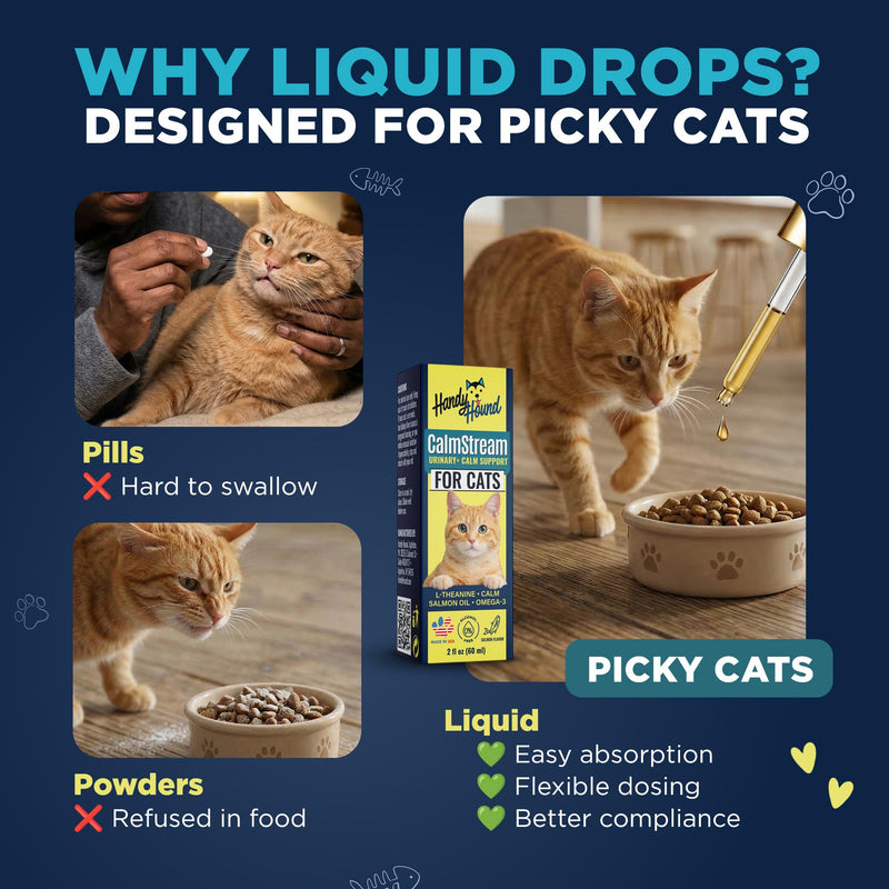 Handy Hound CalmStream Cat Urinary + Calm Support Drops, Liquid Bladder & Urinary Tract Support for Cats, Alcohol-Free, with L-Theanine and Salmon Oil, 2 fl oz (60 mL)