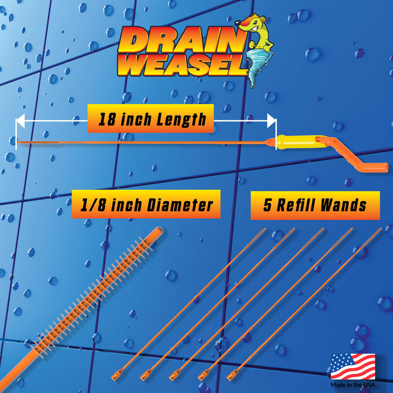 FlexiSnake Pro Drain Weasel Sink Snake Cleaner with New Molded Tip - 18″ - Drain Snake Clog Remover Tool with Rotating Handle & 5 Wand Refills - Easy to Use on Drains & Grates - Made in USA - 5-Pack 5 pk