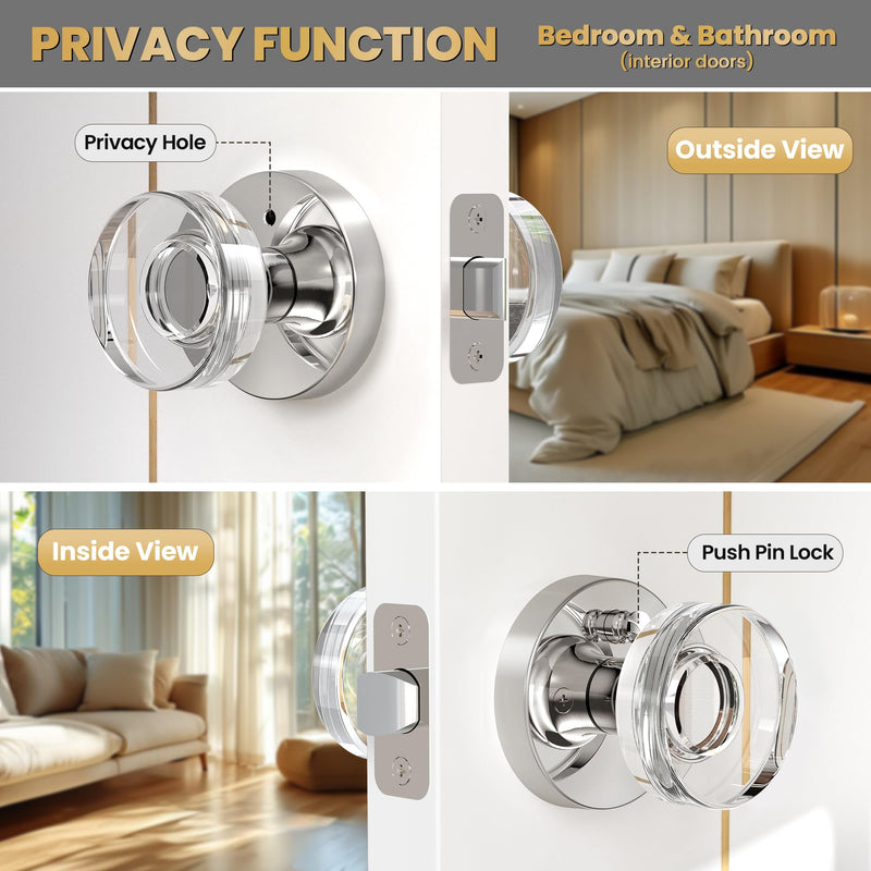 Crystal Door Knob Polished Chrome Interior Privacy Door Knobs Glass Interior Door Knob for Bedroom and Bathroom 1 Pack Privacy
