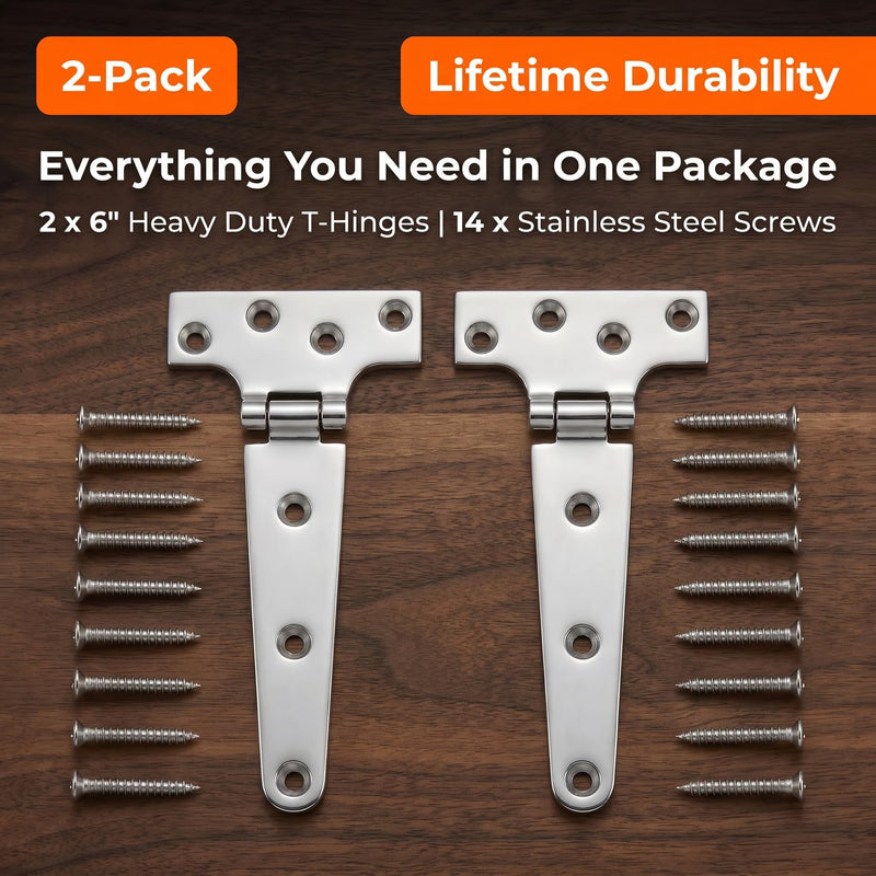 6" Heavy Duty T Hinges, 316 Stainless Steel Strap Hinges for Boat, Barn Door & Wooden Gate, Rustproof Polished Tee Hinge with Extra-Long 1.38" Screws (0.17" Thick), 2 Pack