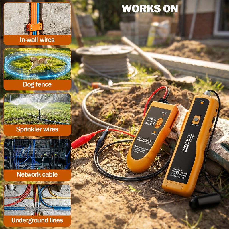 F02 Underground Wire Locator & Fault Finder, Buried Cables with Earphone, Fast Break/Short Detection for Dog Fence & Irrigation Wires Yellow