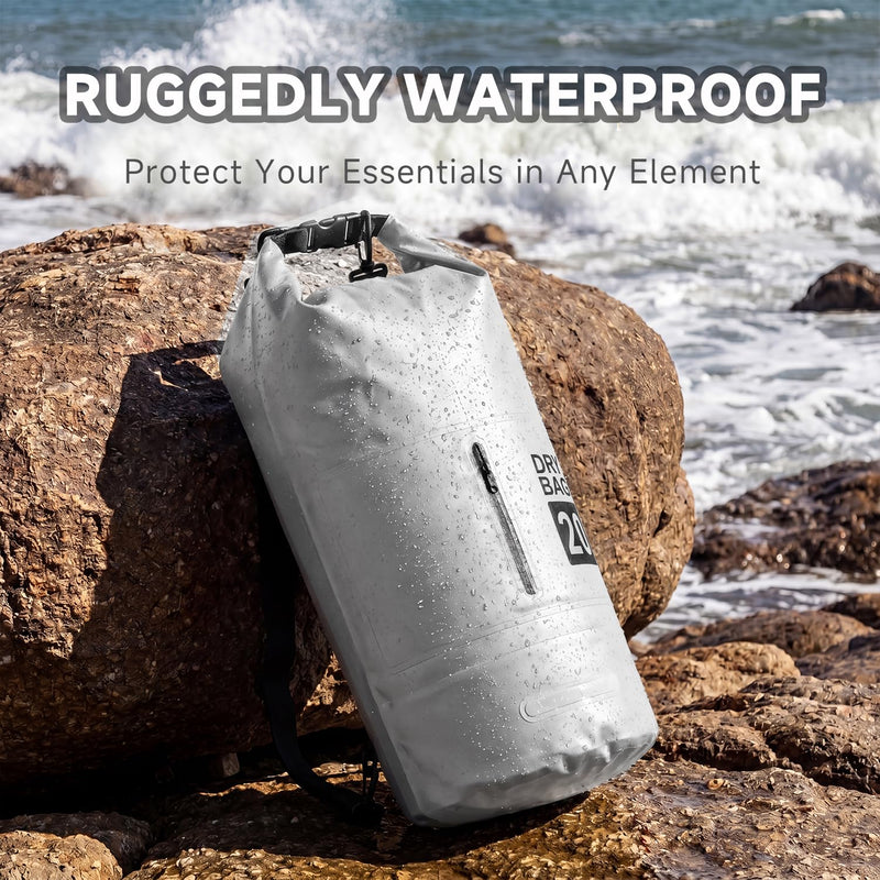 Waterproof Dry Bag Backpack 20L, Roll Top Floating Waterproof Backpack for Kayaking, Rafting, Boating, Lightweight Dry Sack Backpack for Hiking, Camping, Beach & Travel Gray 20.0 liters