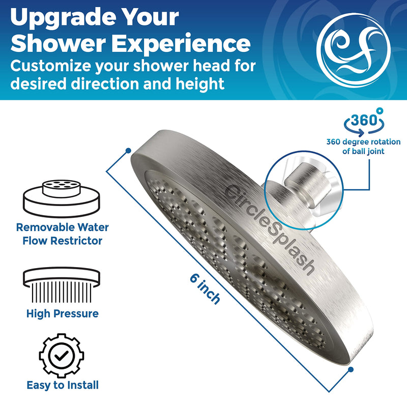 High Pressure Shower Head - Anti-Clogging Silicone Nozzles - 2.5 GPM Removable Restrictor - Easy to Clean Adjustable Replacement - easy to install with Plumbers Tape - 6 inch - Brushed Nickel Finish 2.5GPM
