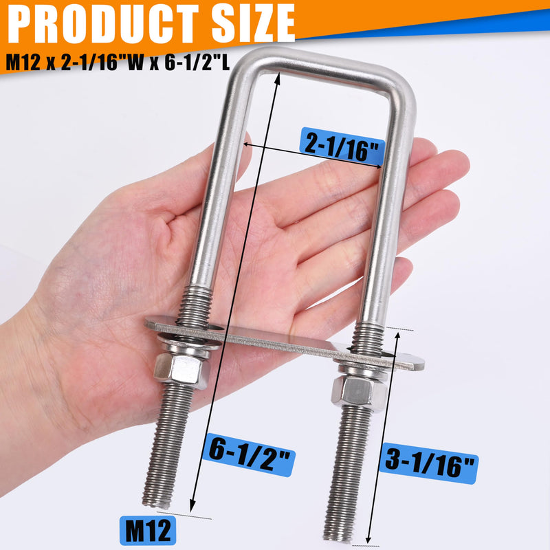 4 Sets Heavy Duty Square u Bolts M12 Thread Size,304 Stainless Steel u-Bolts 2-1/16" W x 6-1/2" L,with Nuts,Bolt Plate and washers (4, M12 x 2-1/16" W x 6-1/2" L) 4