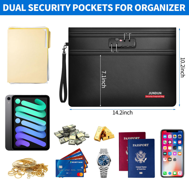 JUNDUN Fireproof Document Bag with Lock (14.2" x 10.2"), 6400℉ Fireproof Money Bag for Cash with 12 Layers Heat Insulated, Dual Zipper Fire Safe Pouch for Important Documents and Valuables Black 14.2" x 10.2"