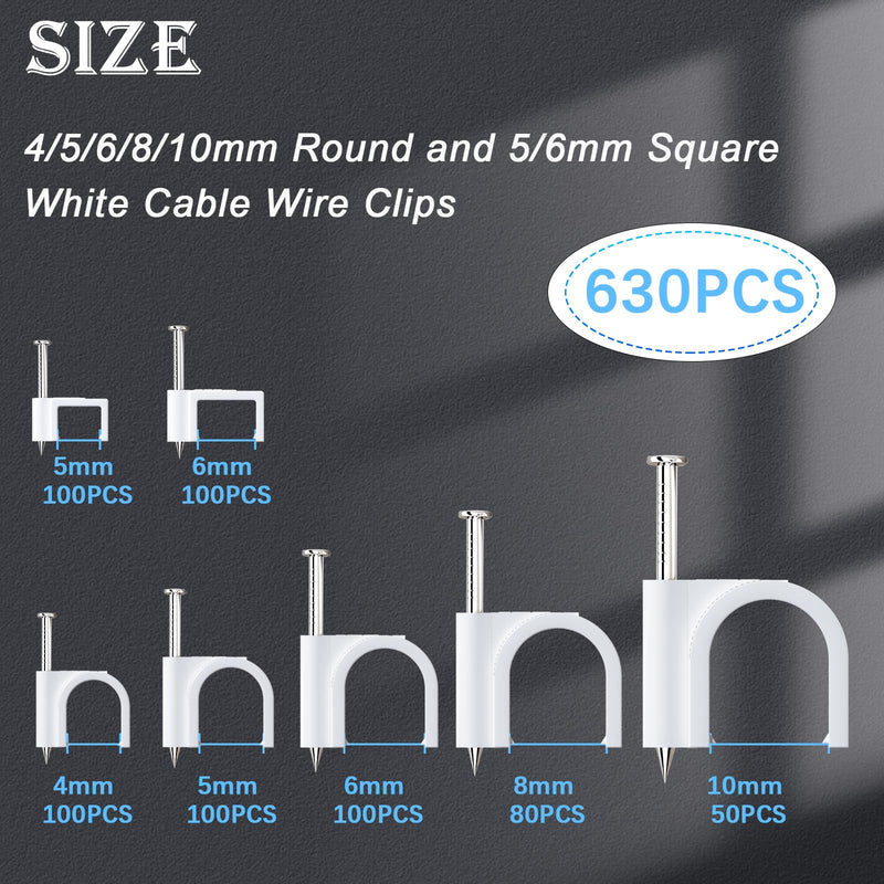 mxuteuk 630PCS Cable Clips with Steel Nails,4/5/6/8/10mm Round and 5/6mm Square White Cable Wire Clips,Wall Clips for Cords,Cable Cord Clips for RG6 RG59 CAT6 RJ45
