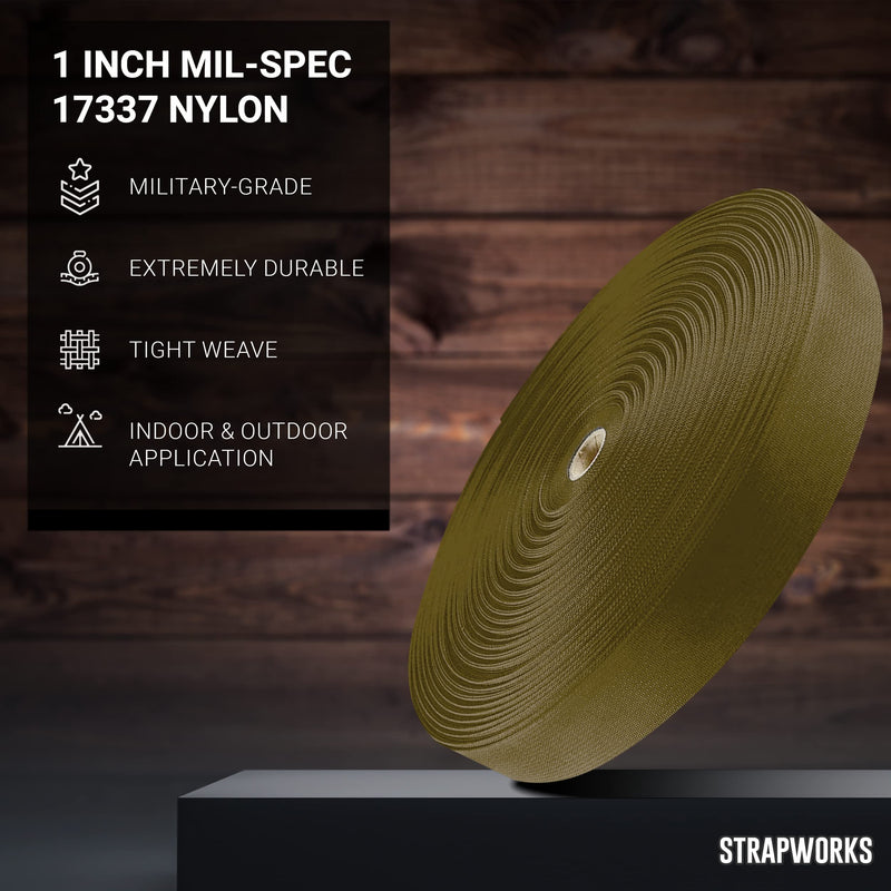 Strapworks Military Spec Flat Nylon Webbing – MilSpec 17337 Strap For Slings, Backpack Straps, Tactical Projects, 1 Inch x 10 Yards, 6 Colors Desert Tan
