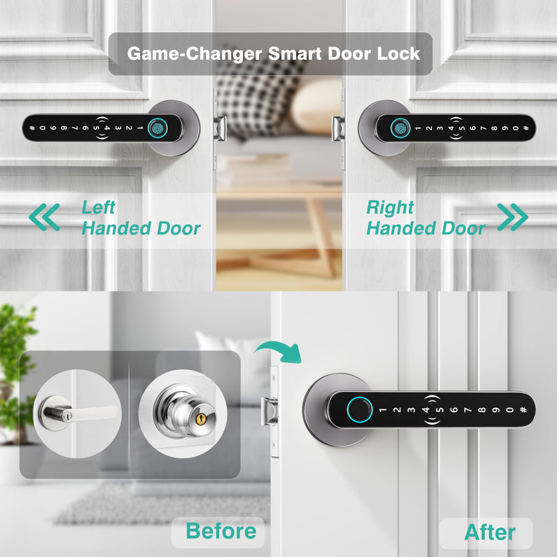 5 in 1 Fingerprint Door Handle Lock for Bedroom,Smart Biometric Door Knob with Code,Electric Finger Print Doorknob,Keyless Entry Door Lock for Apartment,Interior Room,Office,Motel(Grey,Black) Grey+Black