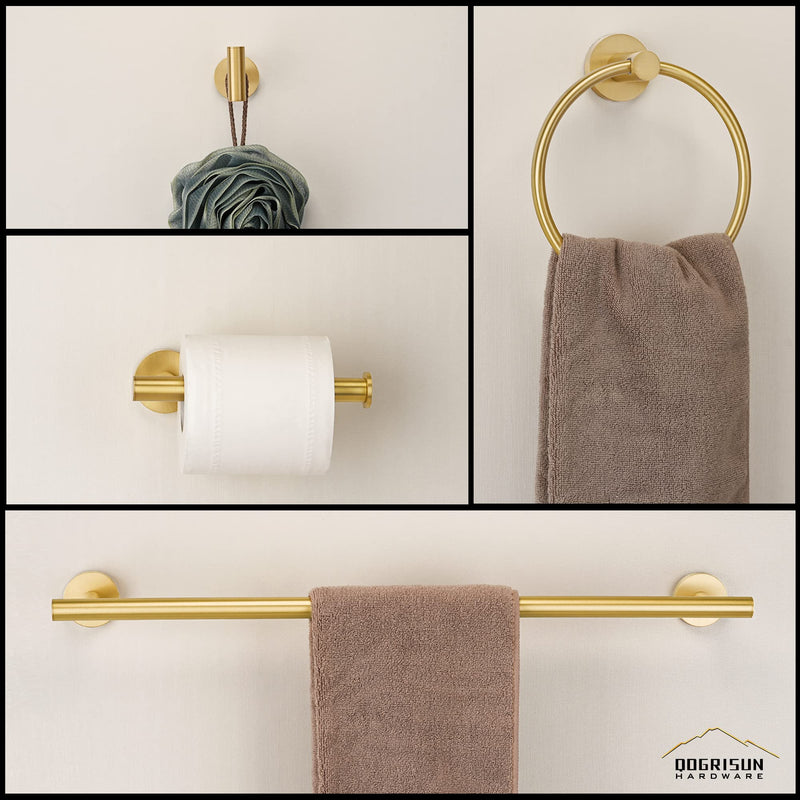 QOGRISUN Brass Towel Bar for Bathroom,Gold Towel Holder Heavy Duty, Modern Brass Bathroom Accessories Wall Mounted,24-Inches Total Length, Brushed Brass Towel Holder-4Set Brushed Gold