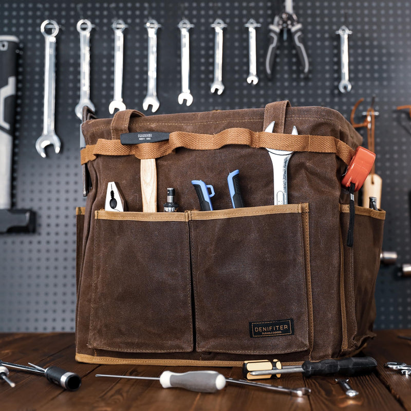 Heavy-Duty Waxed Canvas 14" Tool Bag - Foldable Open Top Organizer with Reinforced Handle | Water-Resistant Multi-Pocket Work Pouch for Mechanics, Contractors & DIY (Grey) Grey