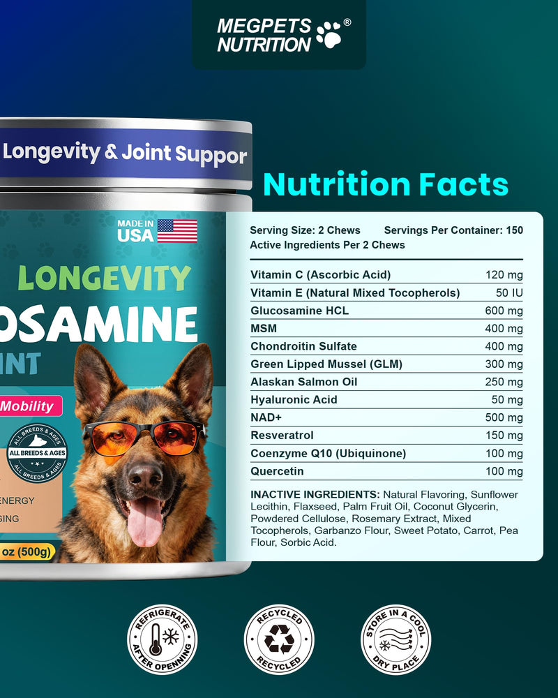 NAD+ Glucosamine for Dogs Hip and Joint Supplement - 300 Soft Chews - Advanced Mobility Support with MSM, Chondroitin, Resveratrol & CoQ10 - Healthy Aging & Vitality Brown