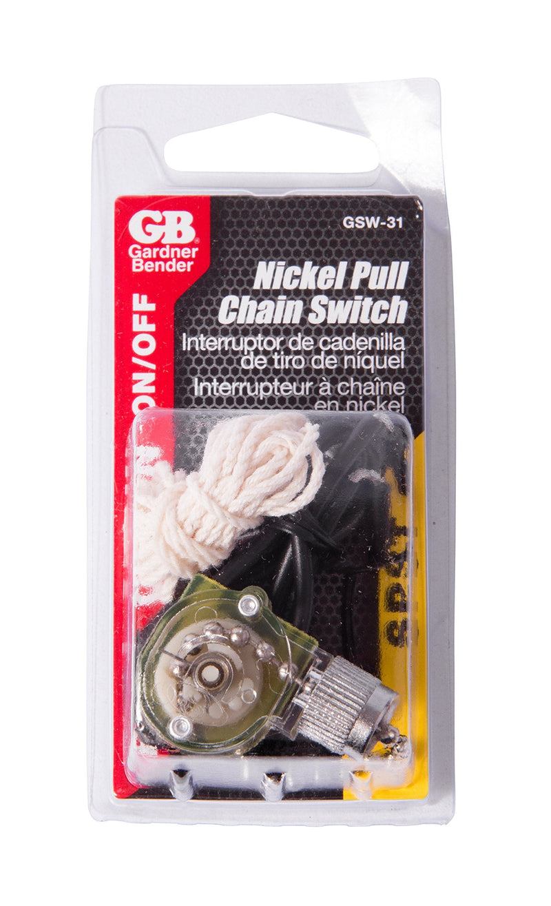 Gardner Bender GSW-31 Electrical Pull Chain Switch, SPST, ON-OFF, 6 A/125V AC, 6 inch Wire Terminal, Nickel