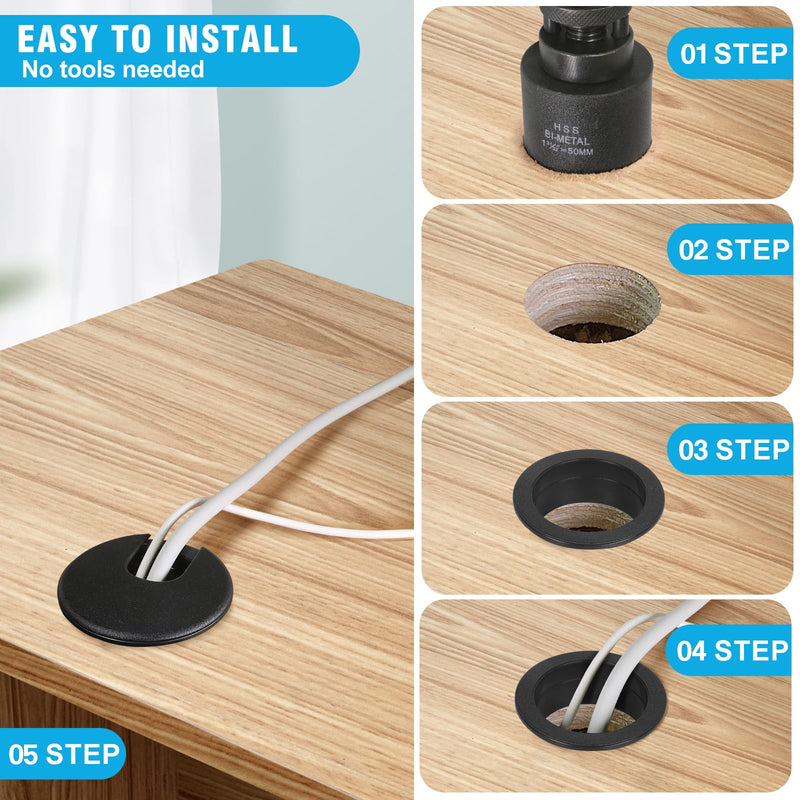 1-3/8" Black Desk Grommet with Bi-Metal Hole Saw, JTemgle Plastic Cable Hole Cover Computer Table Cord Wire Organizer Caps, Desktop Cord Management for Home Office TV Stands Tabletops, 7 Pieces 1-3/8" / 35mm