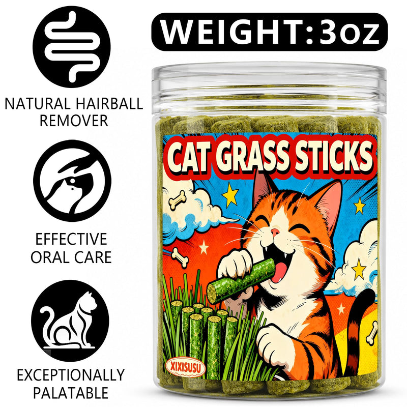 Cat Grass Teething Sticks for Indoor Cats - Freeze Dried Chew Toy for Hairball Control & Teeth Cleaning, 3oz Resealable Jar of Cat Grass Sticks 3 oz