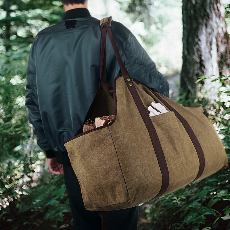 BONTHEE Firewood Carrier Bag Waxed Canvas Waterproof Extra Large Log Carrier Holder Freestanding Tote Bag for Firewood 1_classic_brown