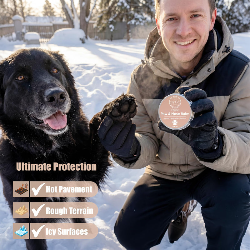 All in One Natural Vegan Dog Paw and Nose Balm, Winter and Summer Paw Protection from Snow, Ice, Salt and Hot Pavement, Moisturizes and Repairs Dry, Cracked Paws, Lick Safe, 2.0 oz,