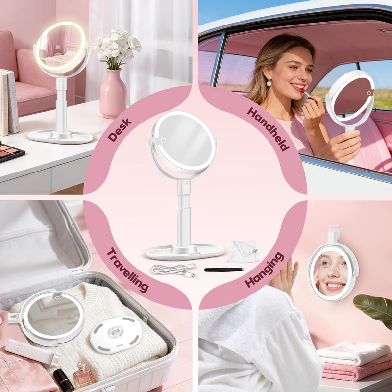 Makeup Mirror with Lights, 30X Magnifying & Height Adjustable, Lighted Magnifying Mirror with 3 Light Modes and Stepless Dimming, Vanity Mirrors for Bathroom, Birthday Gift for Women, White Withe