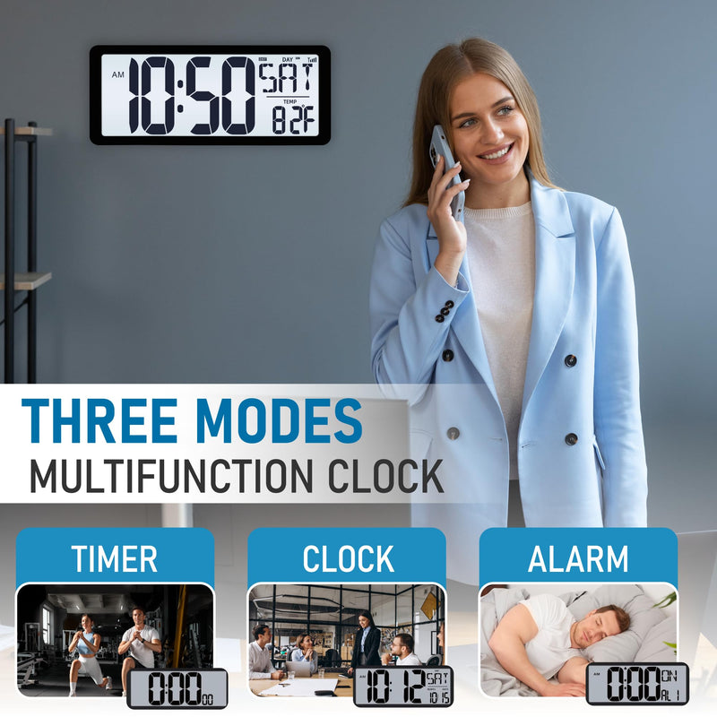 TXL Atomic Clock with Backlight, 14.2" Large Digital Wall Clock Battery Operated, Digital Clock Large Display with Day, Date & Temperature, Large Wall Clock for Bedroom, Livingroom, Office Black Atomic Backlight-14.2in