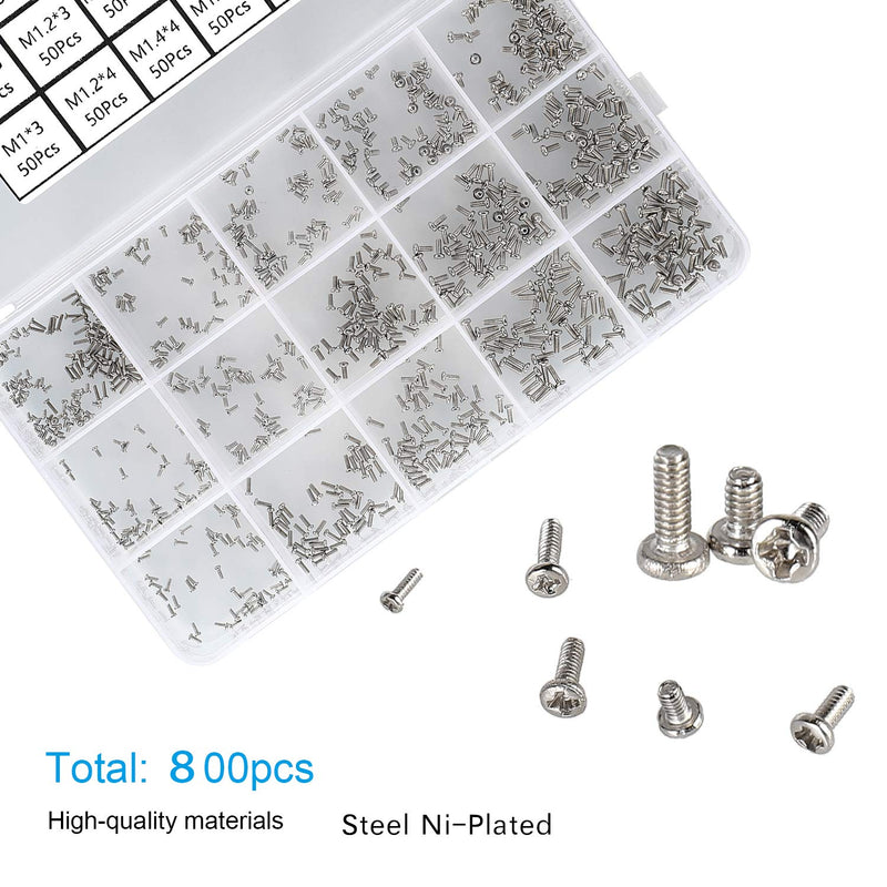 800pcs Tiny Screws for Electronics, M1/M1.2/M1.4/M1.6/M1.7 Very Small Phillips Pan Head Machine Screws, Micro screws, Mini Screws Assortment Kit for Electronic Repair,Nickel-Plated Carbon Steel
