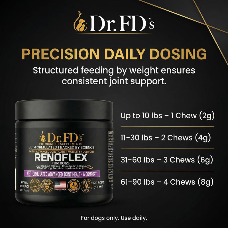 Dr. FD’s RenoFlex Dog Joint Supplement for Medium & Large Breeds, Hip and Joint Support Soft Chews with Glucosamine, Chondroitin, MSM and Turmeric, Daily Mobility Support, 120 Soft Chews